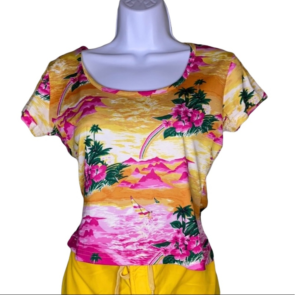 FUBU Y2K Hawaiian Print Crop Baby Tee Pink/Yellow/Green Top M